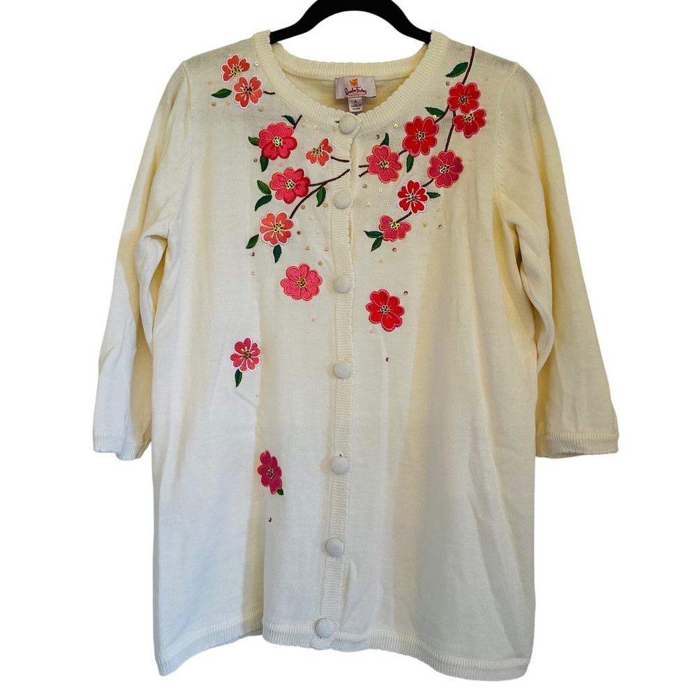 Quacker‎ Factory Floral Embroidered Sequin Cardigan Cream Sweater S Cottagecore